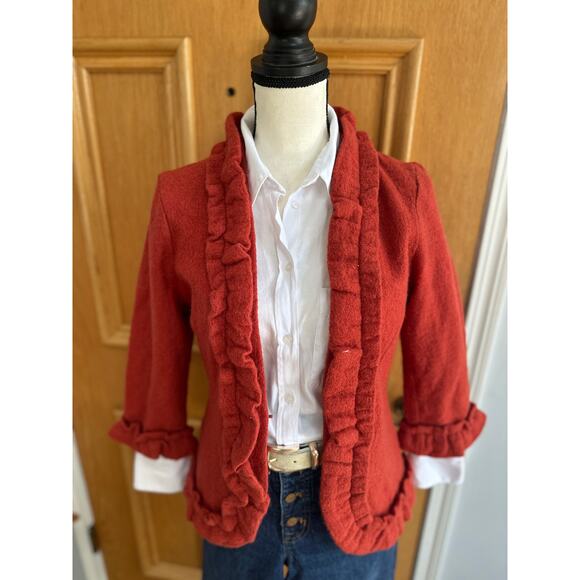 Susan Bristol Women’s 100% Wool Cardigan Red Ruffle Trim Jacket Sweater S - Picture 4 of 8